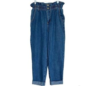 FOREVER 21 Contemporary Blue Denim Mom Jeans Large Cuffed Paperbag-Waist